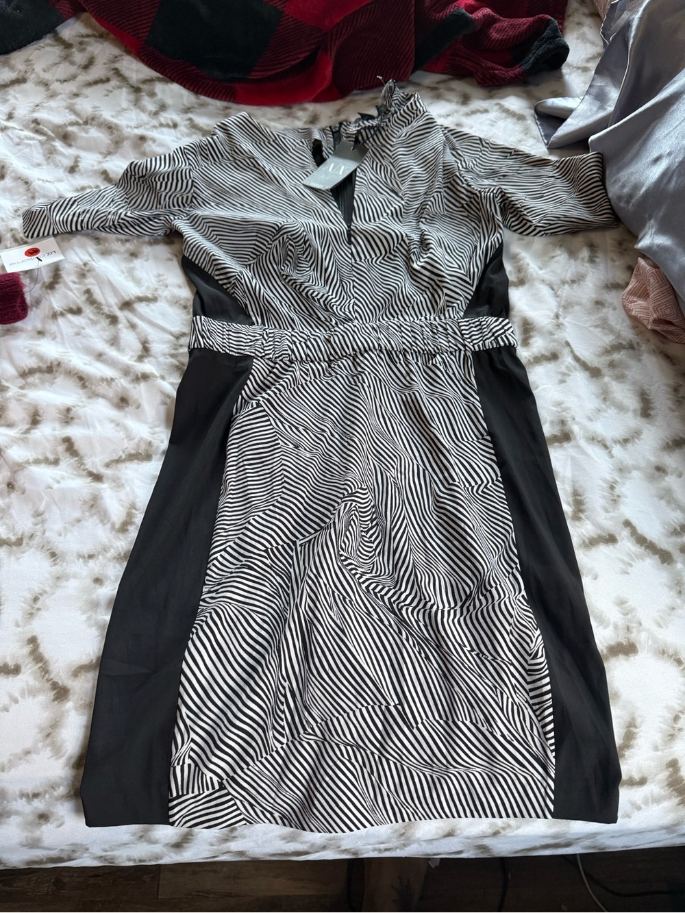 Armani Exchange Black & White Striped Panel Midi Dress